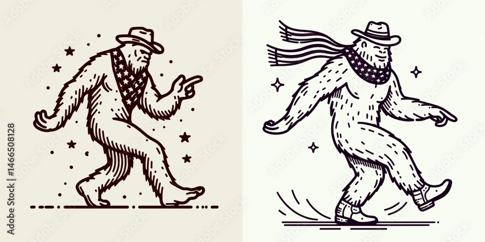 Fototapeta premium bigfoot with cowboy hat and american flag overlay scarf Dancing. Sasquatch hairy mythical creature Clipart line art vector illustration. .