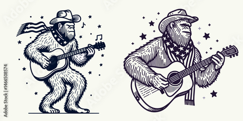 bigfoot with cowboy hat and american flag overlay scarf Guitar Playing. Sasquatch hairy mythical creature Clipart line art vector illustration. .