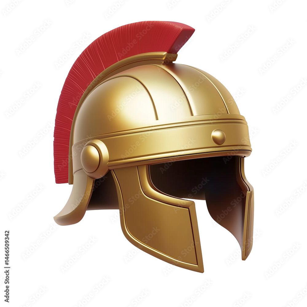 Fototapeta premium Roman helmet with a red crest and golden finish. PNG image, transparent background