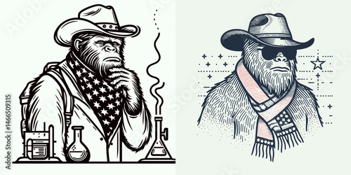 bigfoot with cowboy hat and american flag overlay scarf Scientist. Sasquatch hairy mythical creature Clipart line art vector illustration. .