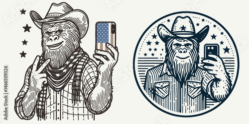 bigfoot with cowboy hat and american flag overlay scarf Selfie. Sasquatch hairy mythical creature Clipart line art vector illustration. Legendary hominid western headwear stars stripes.