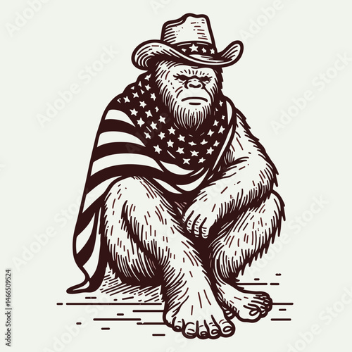 bigfoot with cowboy hat and american flag overlay scarf Sitting. Sasquatch hairy mythical creature Clipart line art vector illustration. Colossal hominid in headwear usa banner drape.