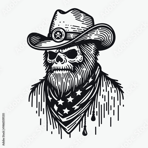 bigfoot with cowboy hat and american flag overlay scarf Skull Crossbones. Sasquatch hairy mythical creature Clipart line art vector illustration. in western headwear star-spangled banner.