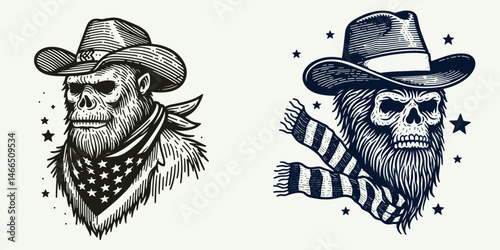 bigfoot with cowboy hat and american flag overlay scarf Skull Crossbones. Sasquatch hairy mythical creature Clipart line art vector illustration. Cryptid in western headgear patriotic.