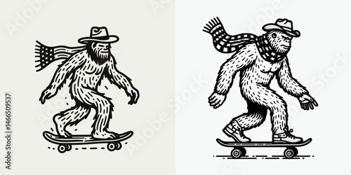 bigfoot with cowboy hat and american flag overlay scarf Skateboarding. Sasquatch hairy mythical creature Clipart line art vector illustration. hominid in western headwear patriotic kerchief.