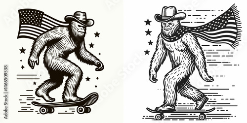 bigfoot with cowboy hat and american flag overlay scarf Skateboarding. Sasquatch hairy mythical creature Clipart line art vector illustration. Cryptid in a stetson usa banner shawl riding.