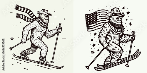 bigfoot with cowboy hat and american flag overlay scarf Skiing. Sasquatch hairy mythical creature Clipart line art vector illustration. Elusive hominid wearing western headwear patriotic.