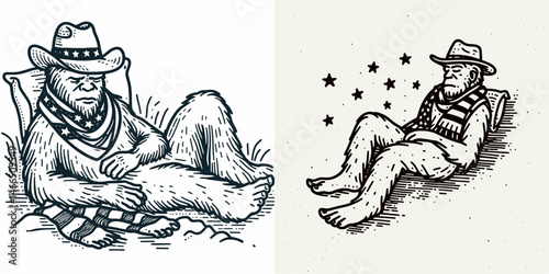 bigfoot with cowboy hat and american flag overlay scarf Sleeping. Sasquatch hairy mythical creature Clipart line art vector illustration. Gigantic primate in rural costume star-spangled.