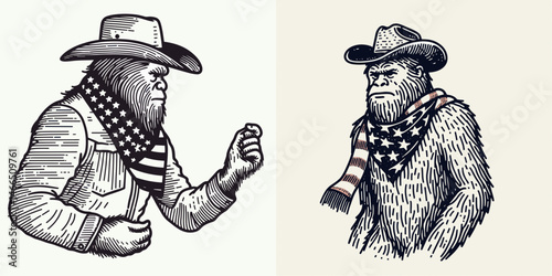 bigfoot with cowboy hat and american flag overlay scarf Tai Chi. Sasquatch hairy mythical creature Clipart line art vector illustration. .