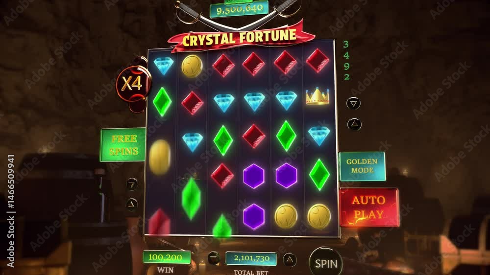 Casino Slot Machine Screen Replacement Template. Gambling Device User Interface with Spinning Reels with Different Treasure Hunt Themed Symbols and Betting Options. Name of the Game: Crystal Fortune