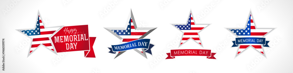 Obraz premium Set of creative icons for US Memorial Day celebration. Memorial Day stars with American flag and ribbons. Badge design. Clip art collection. Greeting card elements. Awards concept. Web banner template
