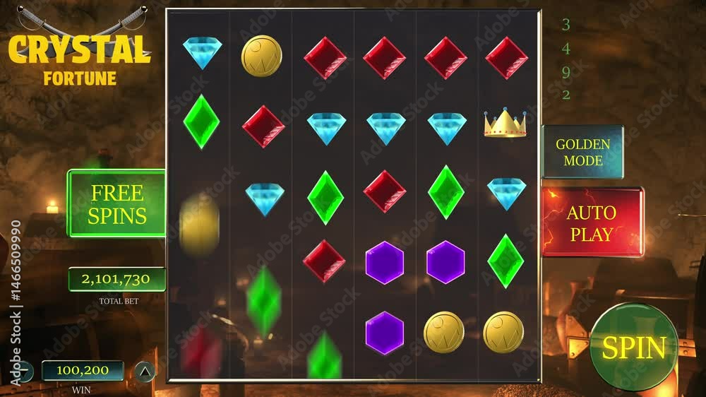 Computer Screen Template for a Thrilling Spins Casino Game Animation, Featuring Dazzling Gems, Crystals, Precious Stones and Rewards. Interactive Elements Mock Up for Addictive Gambling Adventure