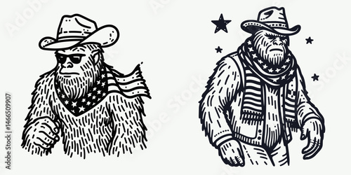 bigfoot with cowboy hat and american flag overlay scarf Texting. Sasquatch hairy mythical creature Clipart line art vector illustration. .