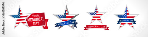 Set of creative icons for US Memorial Day celebration. Memorial Day stars with American flag and ribbons. Badge design. Clip art collection. Greeting card elements. Awards concept. Web banner template