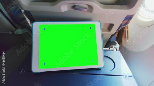 Top-Down View of a Tablet Computer with a Fake Green Screen Display. Static Footage of the Device Laying Horizontally on a Desk.