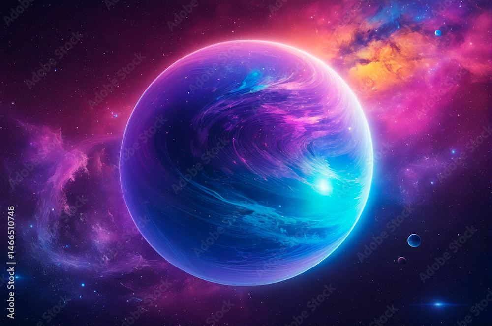 Fototapeta premium Vibrant Celestial Planet in Colorful Nebula Backdrop. Generative AI.