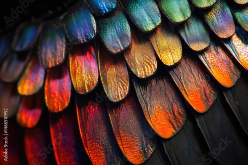 Close-up of iridescent bird feathers, showcasing vibrant colors and intricate textures.