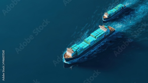 Two cargo ships navigate through deep blue waters, creating ripples in their wake, showcasing maritime activity and transportation. photo
