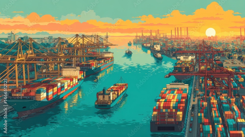 Obraz premium A vibrant illustration of a busy harbor at sunset, showcasing ships and containers amidst a colorful skyline.