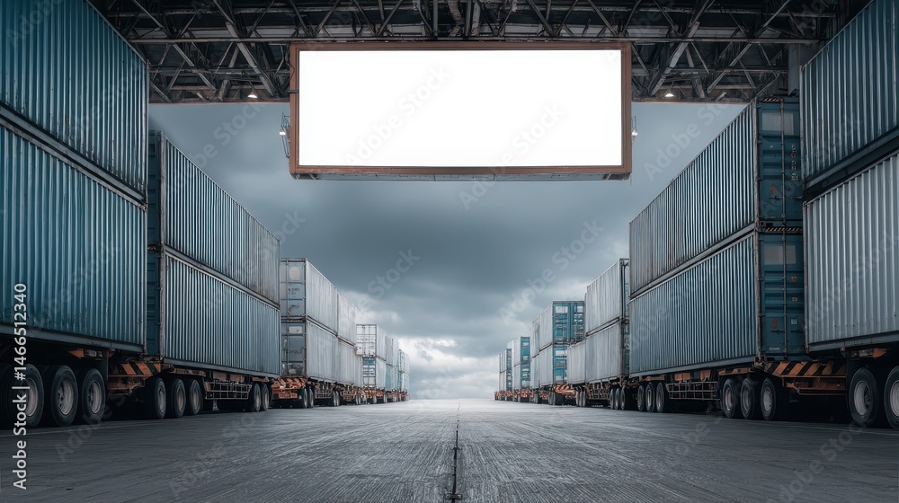 Obraz premium Large shipping containers lined up under a cloudy sky, with an empty billboard frame above, creating a dramatic industrial scene.