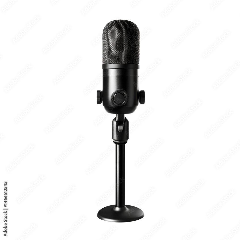 Obraz premium sleek black microphone stands tall on sturdy base, designed for high quality audio recording. Its modern aesthetic and professional appearance make it ideal for studios and podcasts
