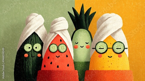 A fun and playful scene of a group of fruits relaxing at a spa day, with cucumbers on their eyes, towels on their heads, and enjoying a moment of pampering and self-care.