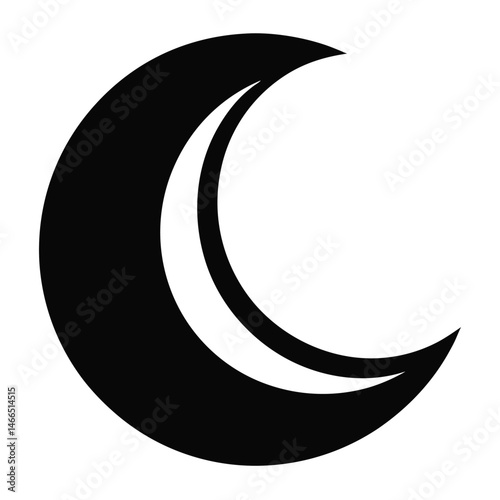 Crescent moon shape appears in stark black and white against a simple backdrop