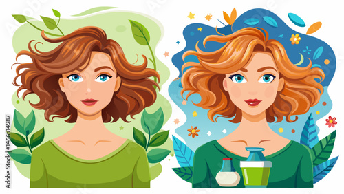 Woman before and after hair treatment on white background