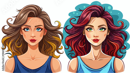 Woman before and after hair treatment on white background