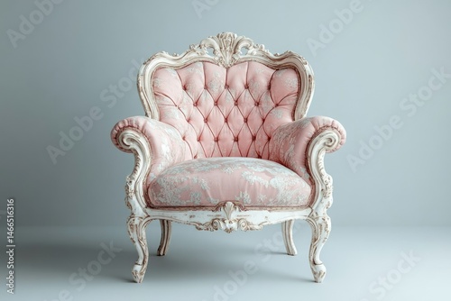 An elegant antique armchair with delicate pink floral upholstery and ornate white wooden frame.