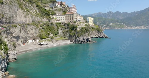 Aerial view of Ravello beach in the hamlet of Castiglione, in the province of Salerno, Italy. It is a small beach on the Amalfi coast, in the Campania region.