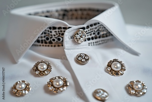 White shirt featuring decorative pearl buttons. The shirt's collar has intricate embroidered detailing