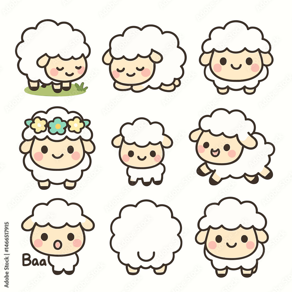 Cute Sheep Cartoon Set Vector Design. Cute Sheep Cartoon Set Vector Design.