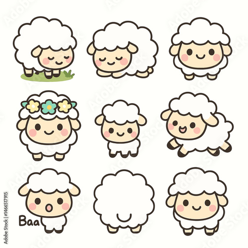 Cute Sheep Cartoon Set Vector Design.