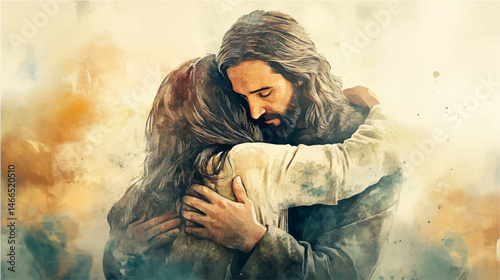 Watercolor painting of Jesus embracing a person in need. Vector illustration