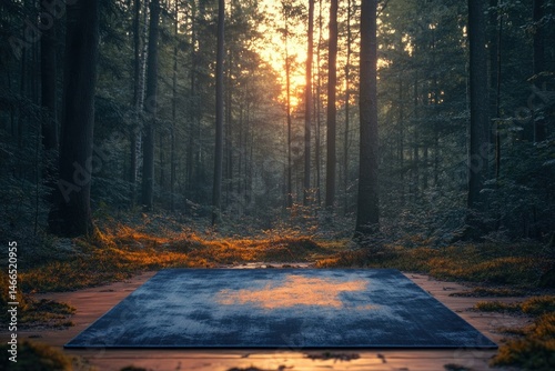 A serene blue rug rests in a sun-dappled forest clearing, creating a tranquil and inviting scene. photo