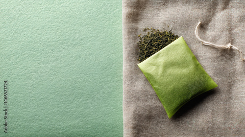 Green tea sachet loose tea leaves linen fabric natural tea herbal tea green background flat lay light pastel tones balanced layout organic tea