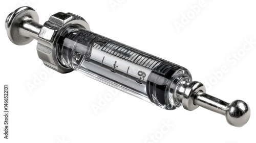 Medical Syringe: A close-up shot of a medical syringe, highlighting its intricate details and sterile design.  The syringe is made of clear glass with metallic components.