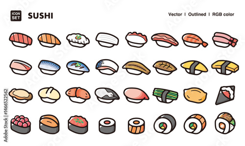 Sushi illustration icon set.Simple vector outlines, clipart for graphic design.