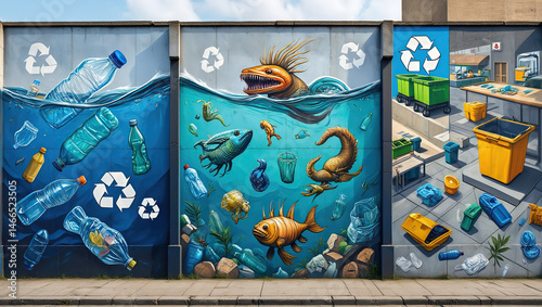 A vibrant street art mural showing the journey of plastic from ocean pollution to recycling, highlighting environmental awareness.