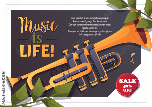 Vibrant music vector with trumpet and discount badge. Perfect for ads, music stores, seasonal sales, jazz promotions, or educational posters.
