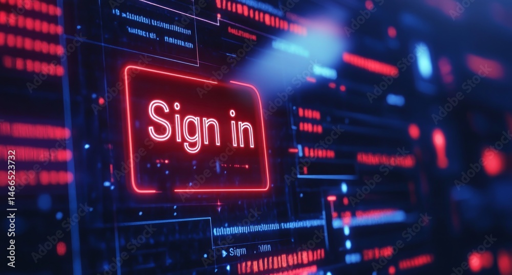 Glowing Red Sign In Button On Digital Interface Glowing Red Sign In Button On Digital Interface