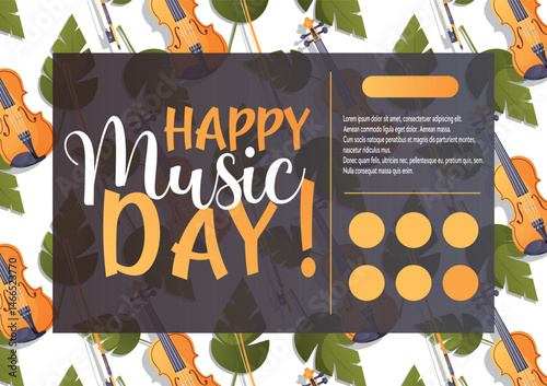 Festive violin pattern with happy music day typography on a dark overlay. Ideal for greeting cards, educational banners, or classical music promotions.