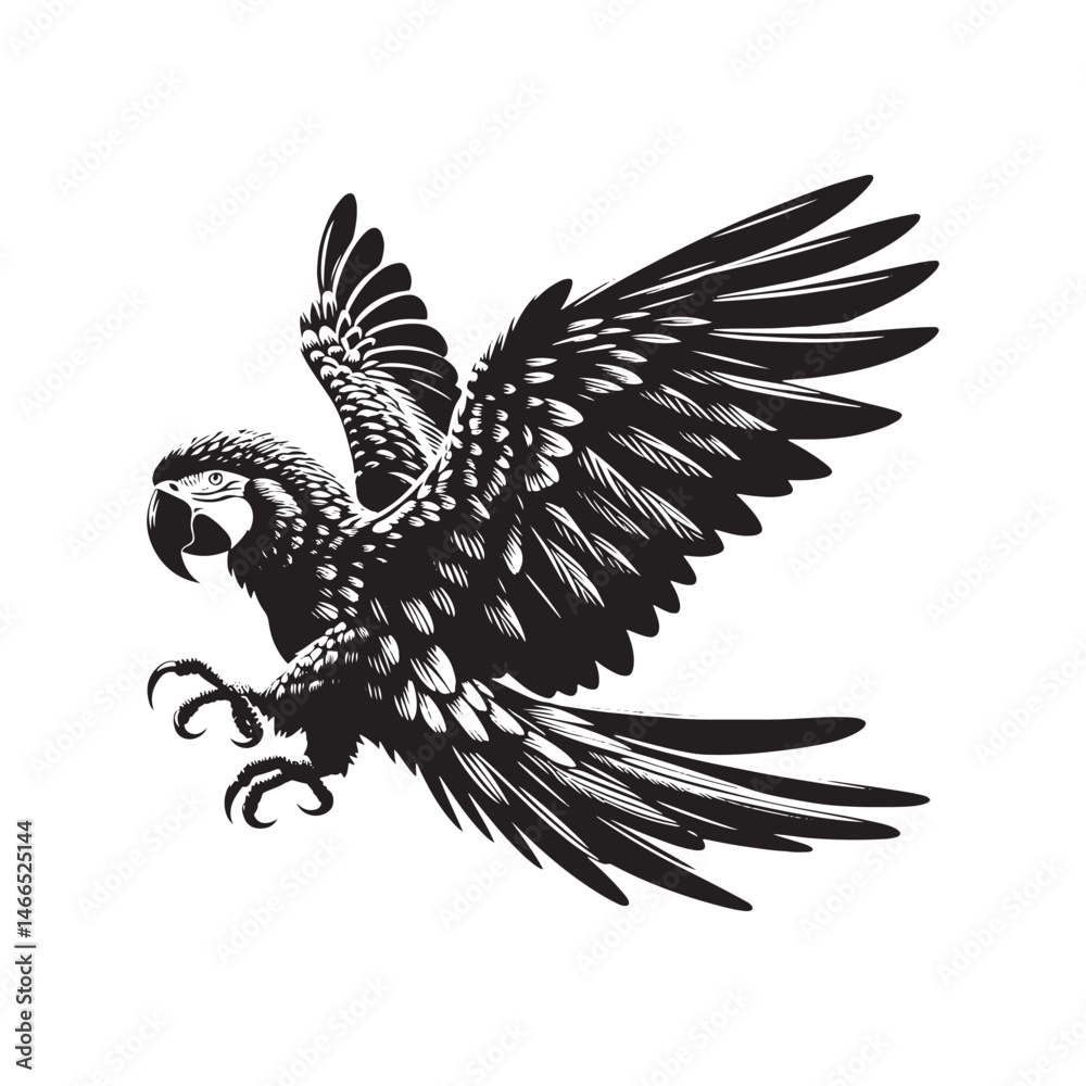 Obraz premium Great Green Macaw Bird Vector Silhouette, Vibrant Parrot Design, Tropical Bird Illustration, Colorful Avian Outline, Nature-Inspired Art.