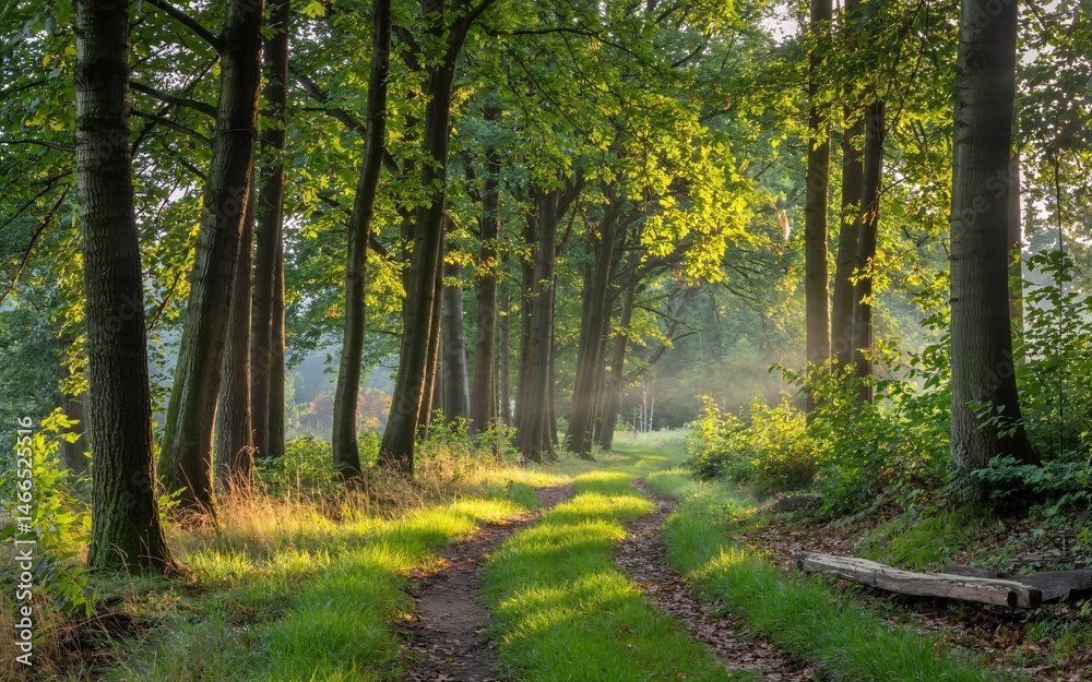 Fototapeta premium Autumn Bavaria, Germany, Sunlit Forest Path at Dawn