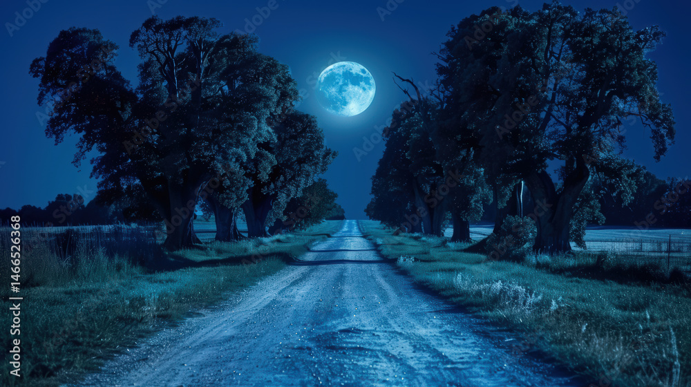 Fototapeta premium Haunted forest path with gnarled trees and bright full moon illuminating quiet rural road at night, creating mysterious and eerie scene
