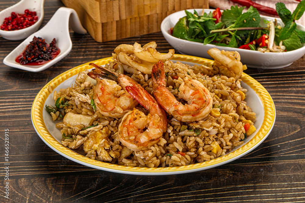 Vietnamese fried rice with prawn and squid Kom Ran