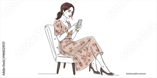 Fashionable woman doing online shopping continuous single line art drawing sketch on white background