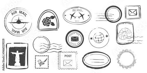 Air mail stamp retro vintage postage sign. Post stamp with plane icon, border template, rubber wavy frame for envelope. Postmark seal design element.