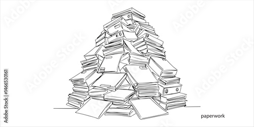 Pile of paperwork and files continuous single line art drawing sketch on white background